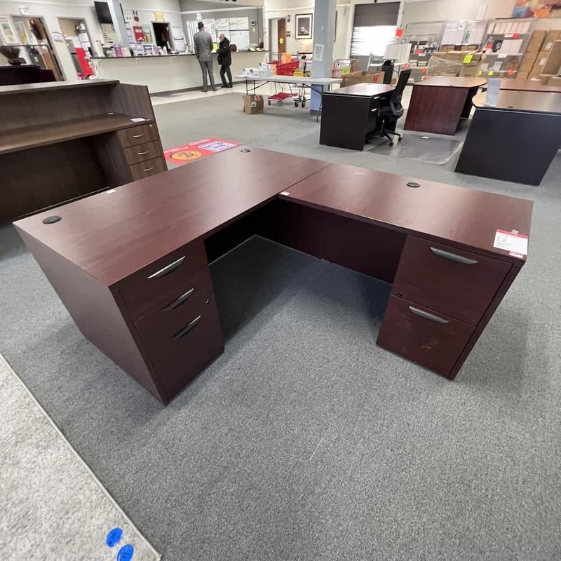 60″ x 71″ Mahogany and Black L-Desk with 2 Pedestal Files – Right Return Office Furniture Liquidations