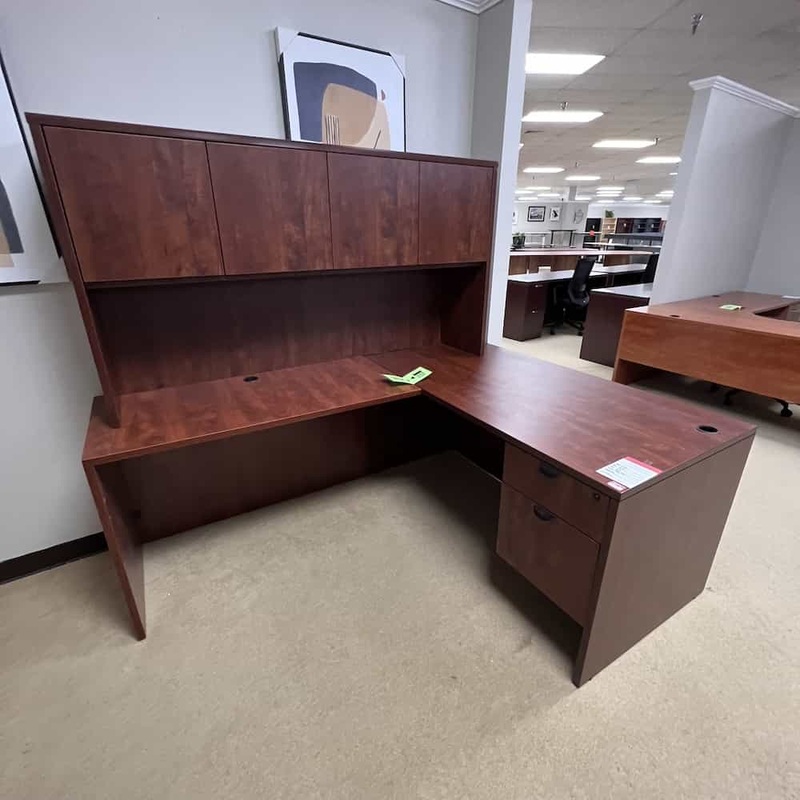 60″ x 77″ Cherry and Black Bow Front L-Desk with Hutch – Left Return Office Furniture Liquidations