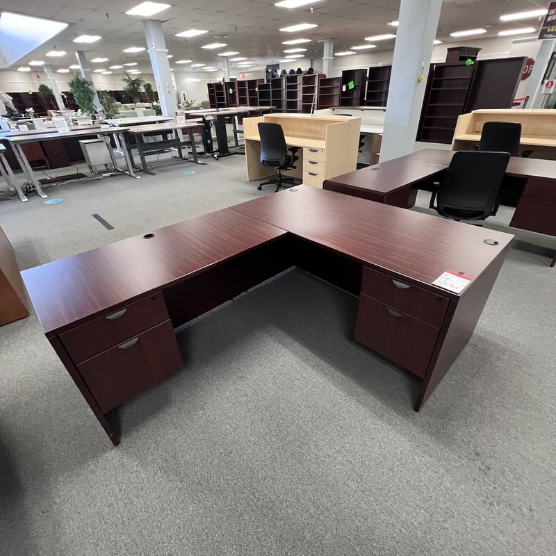60″ x 78″ Mahogany L-Desk with 2 Hanging Box/Files – Left Return Office Furniture Liquidations