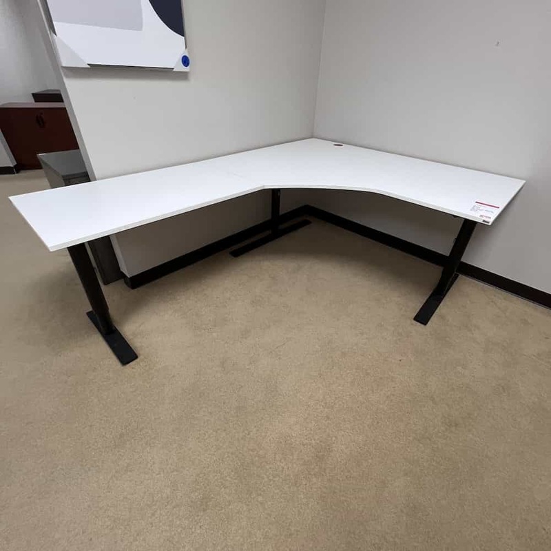 63″ x 87″ Kinnarps White and Black Table L-Desk with Metal Legs – Left Return Office Furniture Liquidations