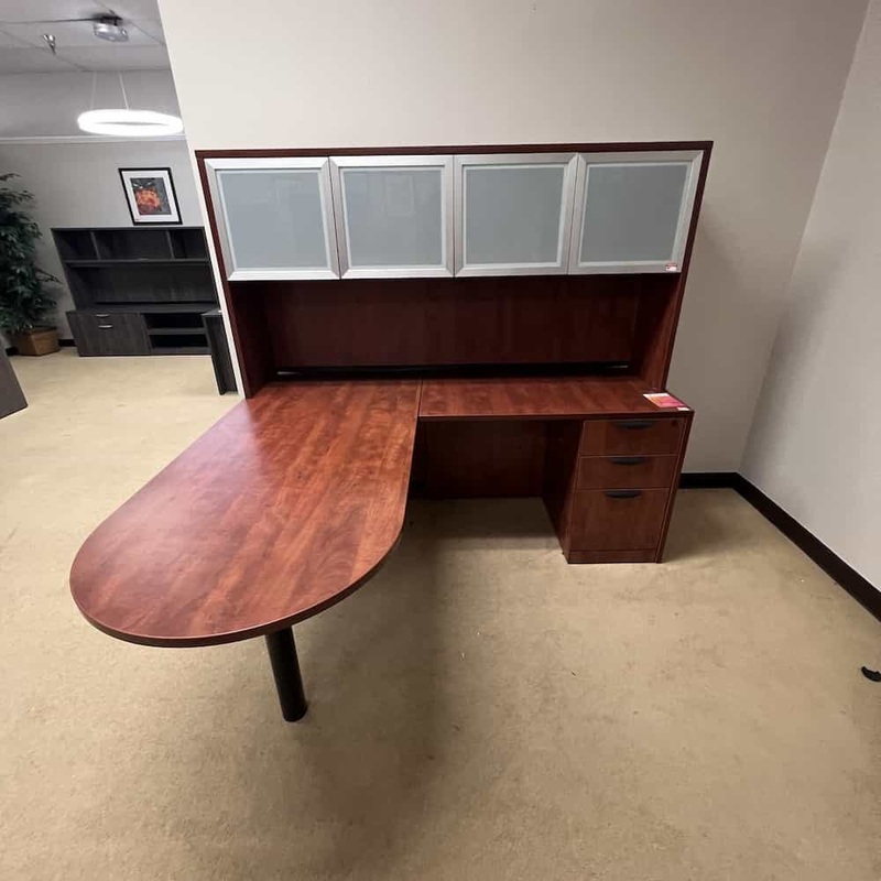 66″ Cherry and Black Bullnose L-Desk with Hutch and Glass Doors – Right Return Office Furniture Liquidations