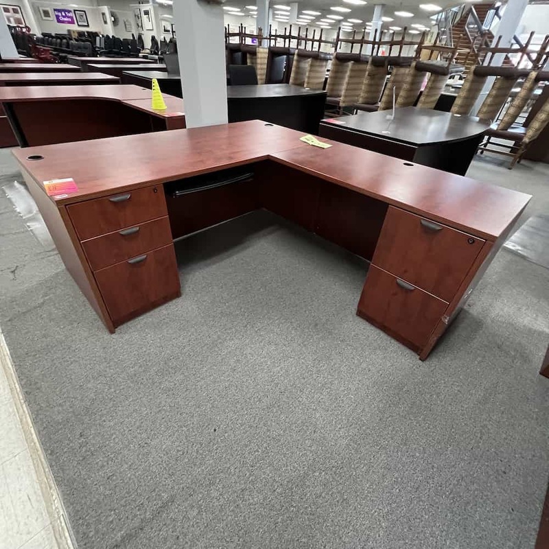 66″ Cherry and Black L-Desk Double Pedestal – Right Return Office Furniture Liquidations