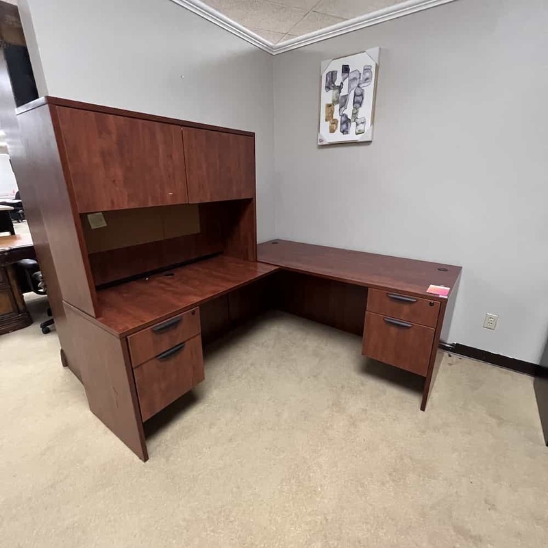 66″ Cherry and Black L-Desk with Hutch and 2 Pedestals – Right Return Office Furniture Liquidations