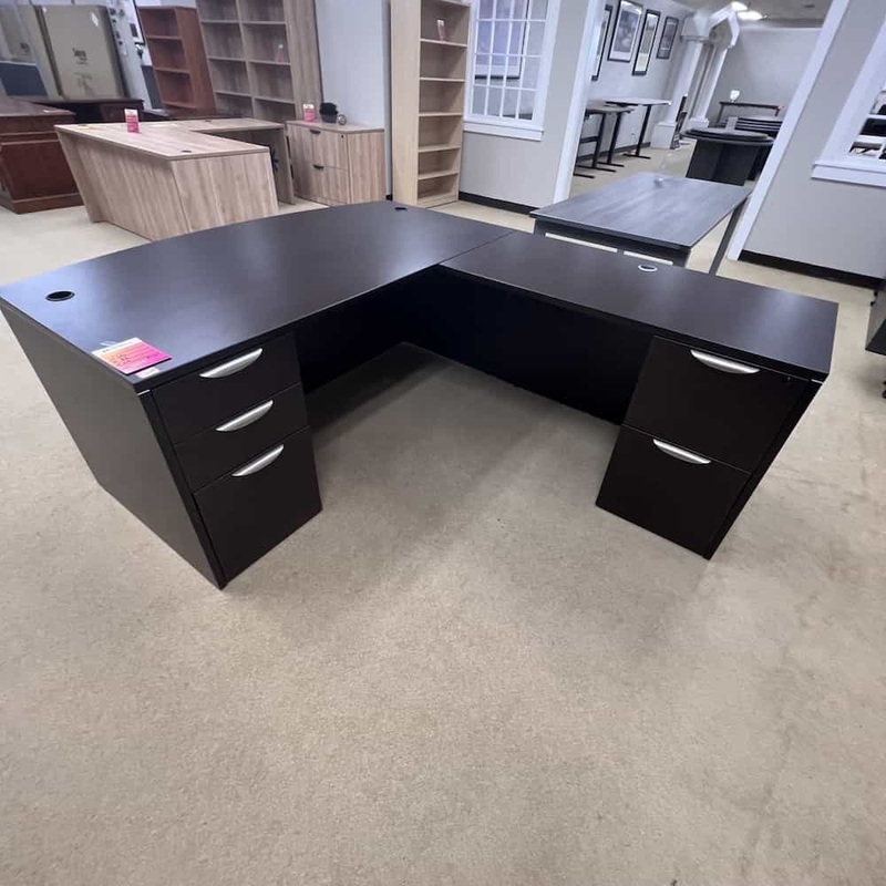 66″ Espresso Bow Front L-desk and 2 Pedestal Files – Right Return Office Furniture Liquidations