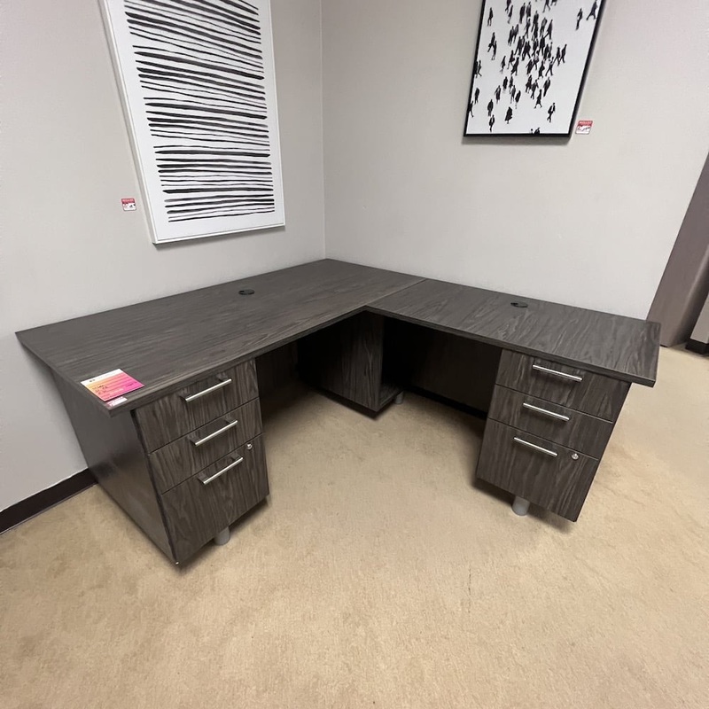 66″ Grey L-Desk with Two Pedestal Files – Right Return Office Furniture Liquidations