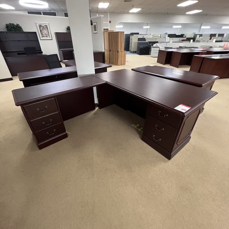 66″ W x 80″ H Abbey Collection Mahogany Executive L-desk with Double Pedestal with Hutch – Left Return Office Furniture Liquidations