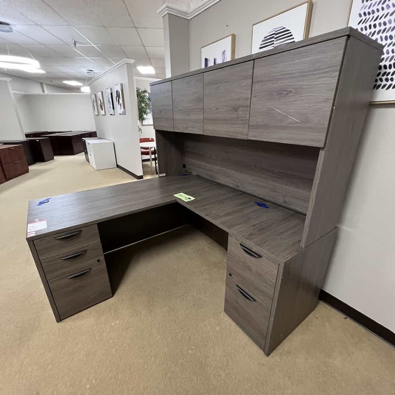 66″ x 71″ Grey Elm and Black L-Desk with Hutch and 2 Pedestals – Right Return Office Furniture Liquidations