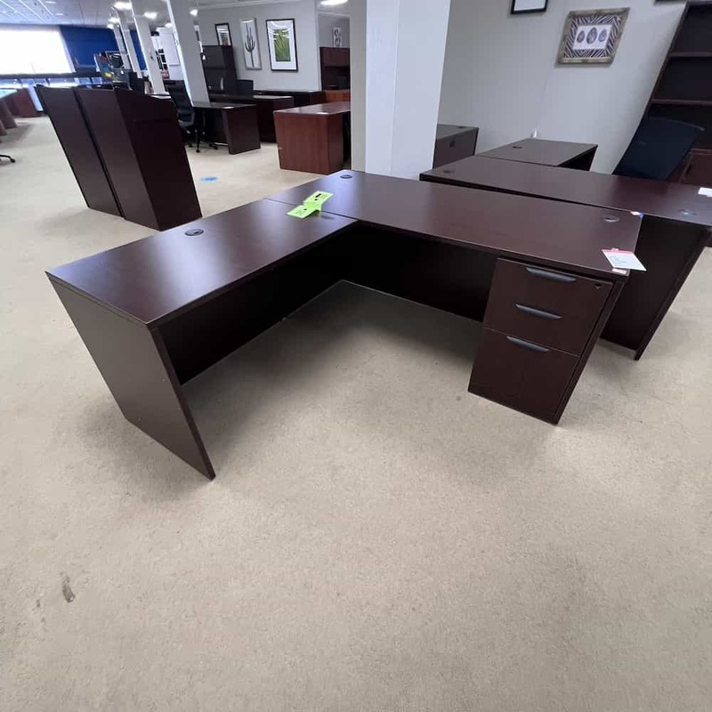66″ x 71″ Mahogany and Black L-Desk with 1 Pedestal File – Left Return Office Furniture Liquidations