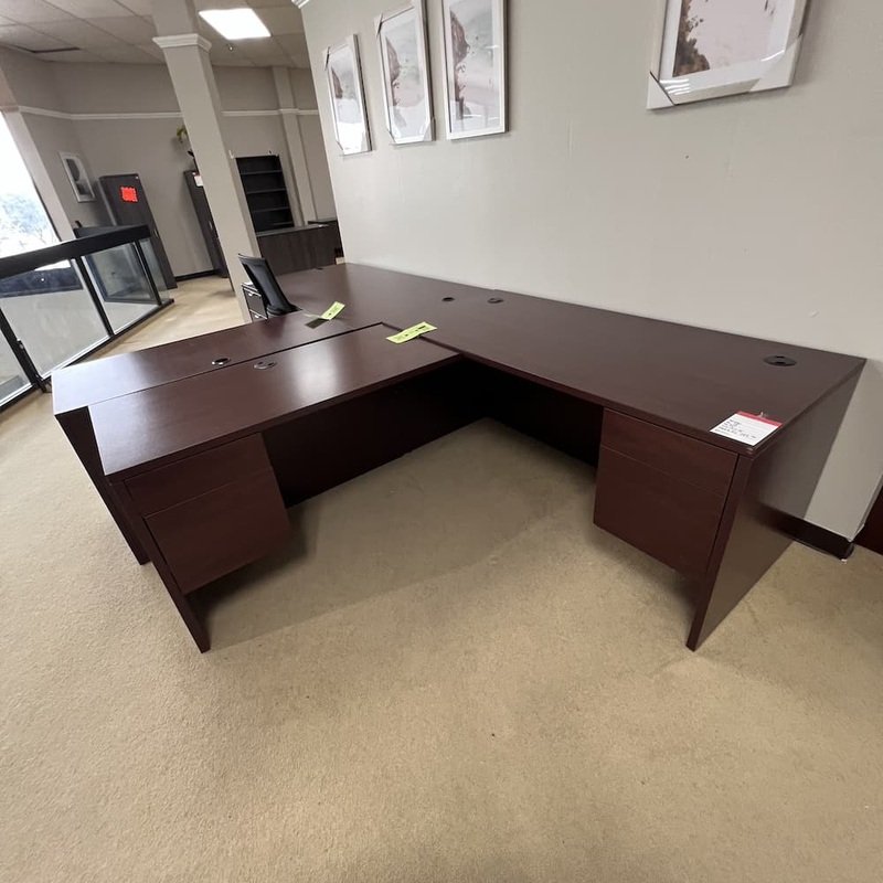 66″ x 76″ Mahogany L-Desk with 2 Hanging Files – Left Return Office Furniture Liquidations