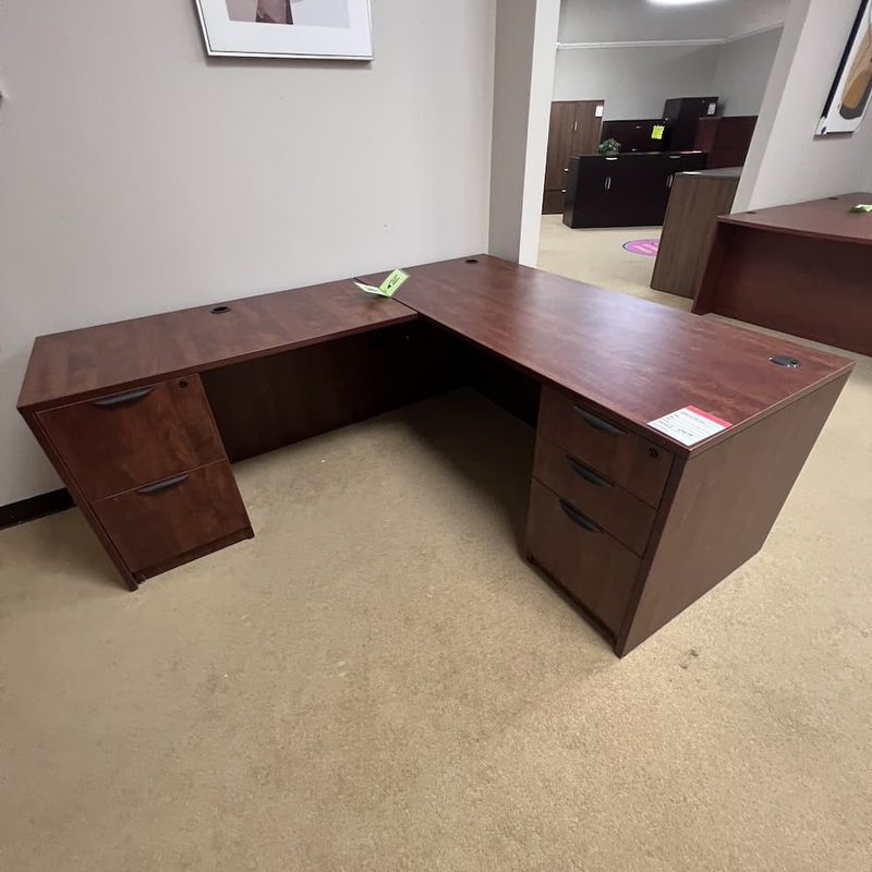 66″ x 78″ Cherry Laminate L-Desk with Double Pedestals – Left Return Office Furniture Liquidations