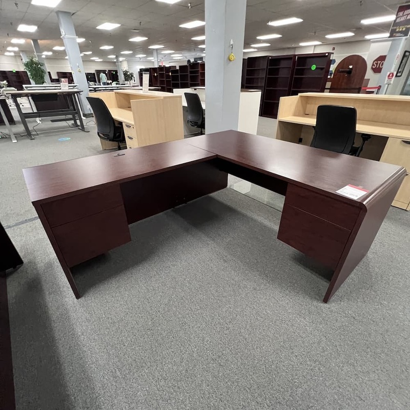 66″ x 78″ Global Mahogany L-Desk with 2 Hanging Files – Left Return Office Furniture Liquidations
