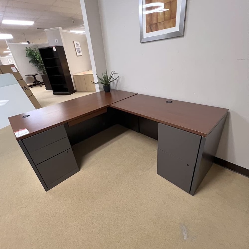 66″ x 78″ Hon Grey and Walnut L-Desk with Double Pedestal – Right Return Office Furniture Liquidations