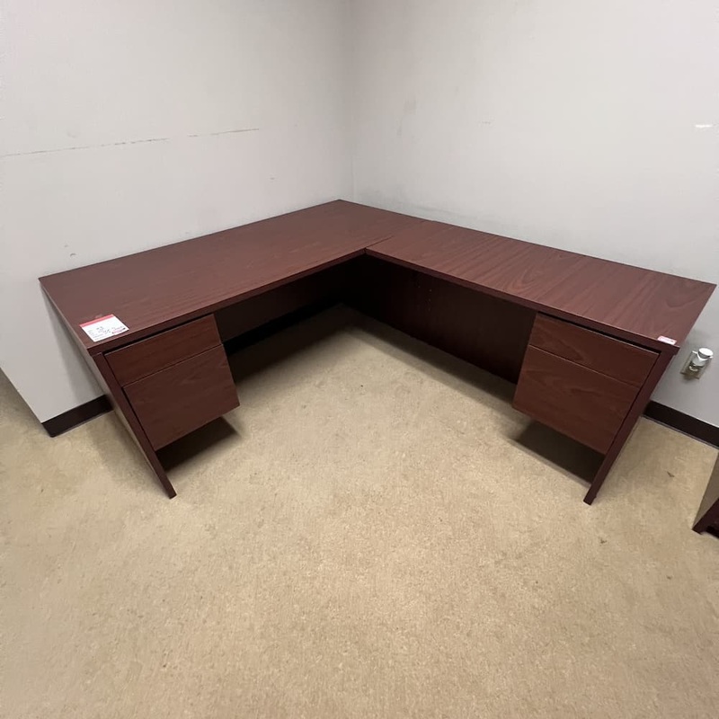 66″ x 79″ Global Mahogany L-Desk with 2 Hanging Files – Right Return Office Furniture Liquidations