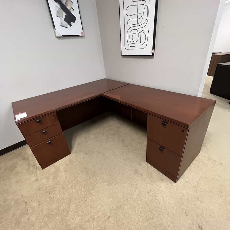 66″ x 79″ Novikoff Walnut and Black L-Desk – Right Return Office Furniture Liquidations