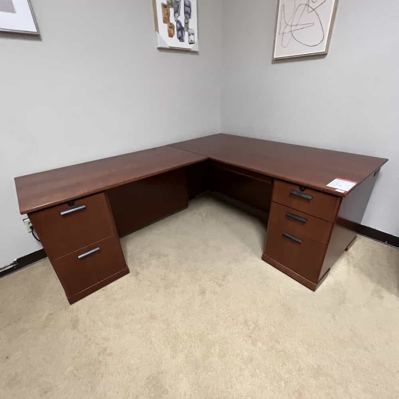 66″ x 81″ Steelcase Cherry and Black Veneer L-Desk – Left Return Office Furniture Liquidations