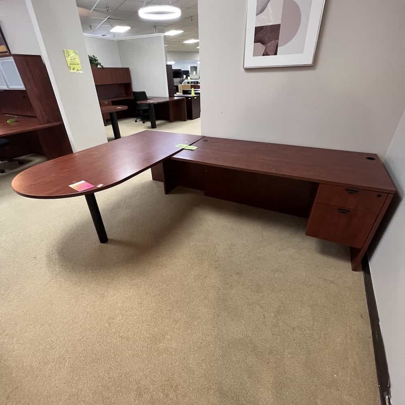 71″ Cherry and Black Bullet Nose L-Desk with Extra Large Right Return Office Furniture Liquidations