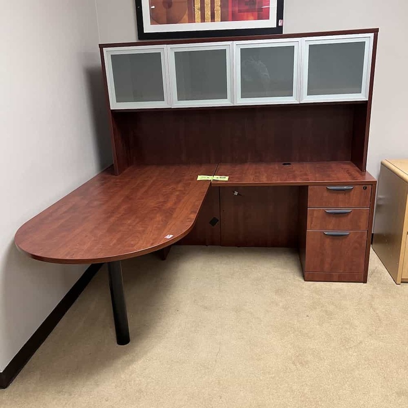 71″ Cherry and Black Bullnose L-Desk with Hutch and Glass Doors – Right Return Office Furniture Liquidations