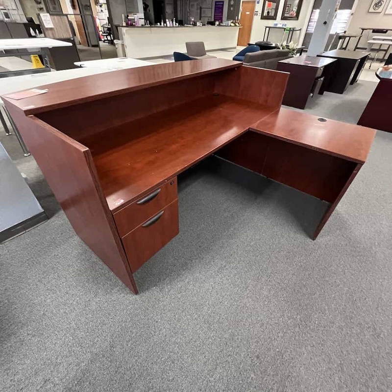 71″ Cherry and Black Reception L-Desk with 1 Hanging File – Right Return Office Furniture Liquidations
