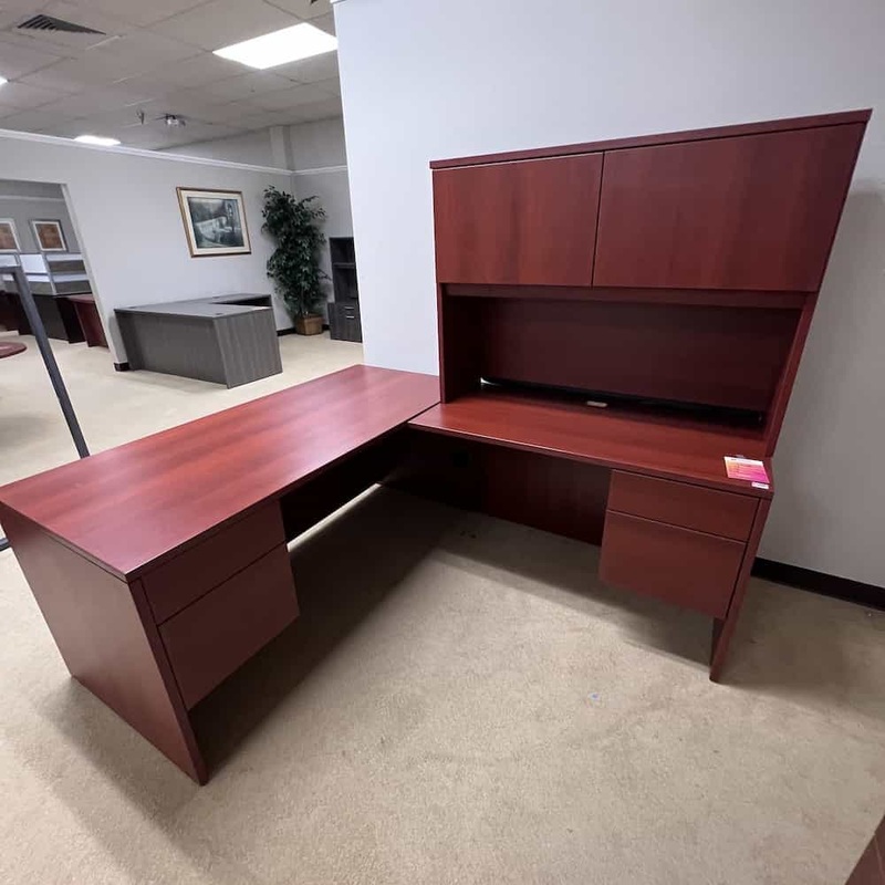 71″ Global Cherry L-Desk with Hutch and Two Hanging Files – Right Return Office Furniture Liquidations