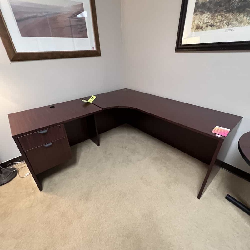 71″ Mahogany and Black L-Desk with 1 Hanging File- Left Return Office Furniture Liquidations