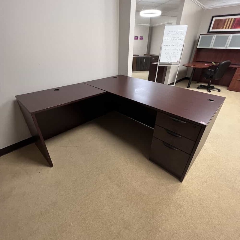 71″ Mahogany and Black L-Desk with Single Pedestal File – Left Return Office Furniture Liquidations