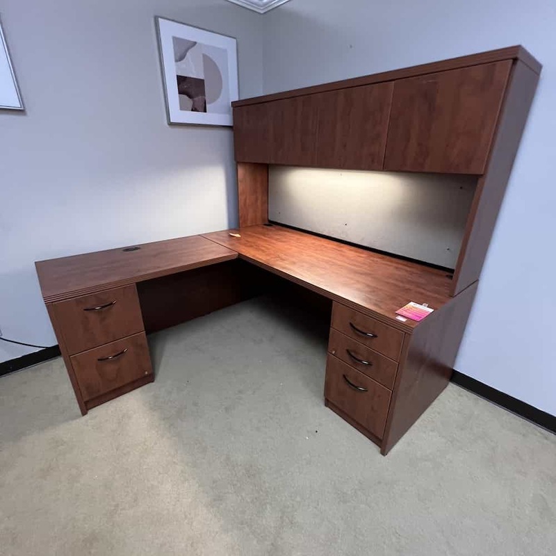 71″ Tayco Cherry and Black L-Desk with Hutch – Left Return Office Furniture Liquidations