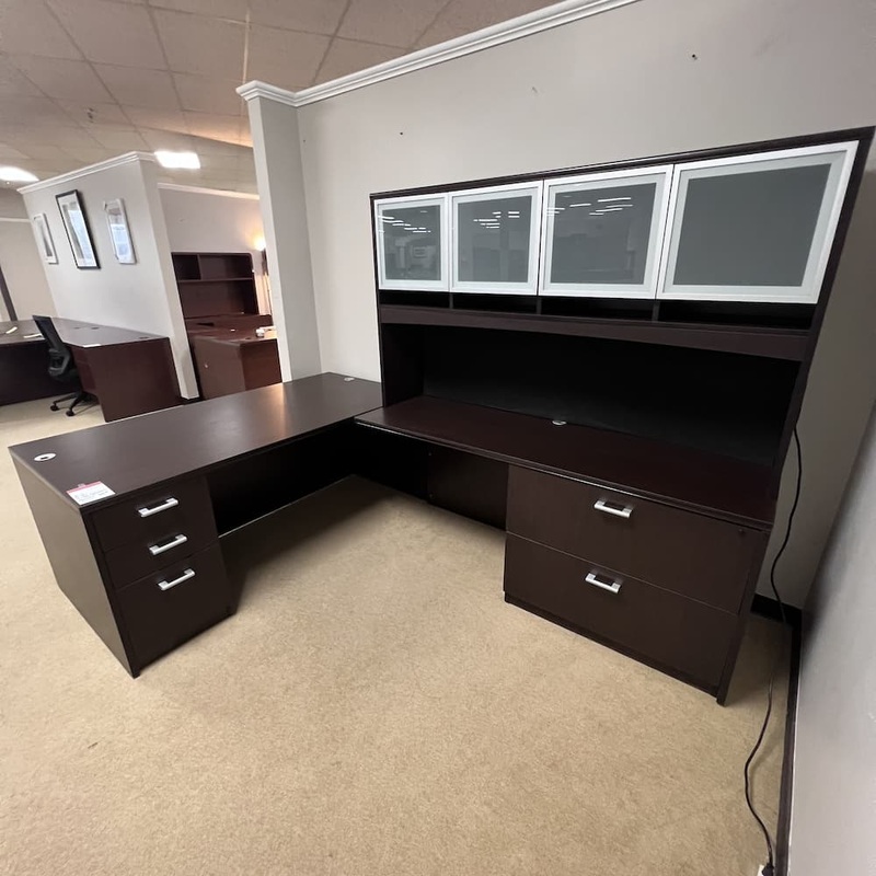 71″ x 107″ Espresso L-desk with Hutch and 4 Glass Doors – Right Return Office Furniture Liquidations