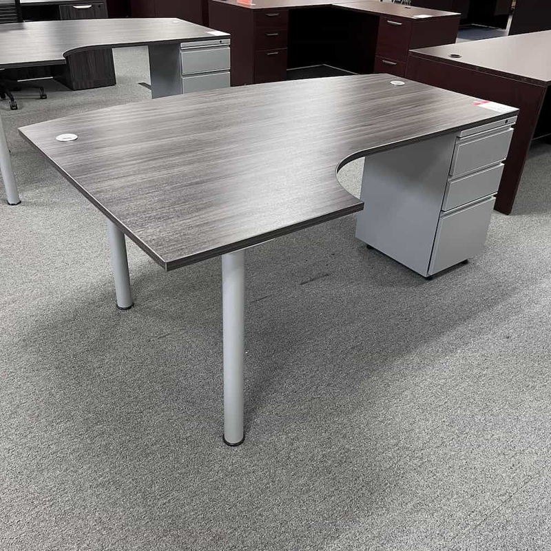 71″ x 47″ Grey Bow Front “Porkchop” L-Desk – Left Return Office Furniture Liquidations
