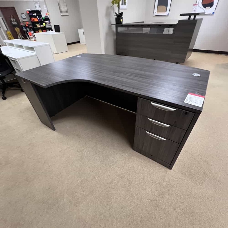 71″ x 48″ Coastal Grey “Porkchop” BowFront L-Desk – Left Return Office Furniture Liquidations
