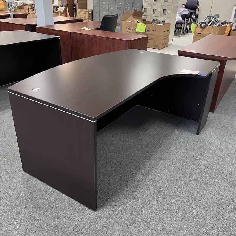 71″ x 48″ Espresso Laminate Bow Front L-Desk “Porkchop” – Right Return Office Furniture Liquidations