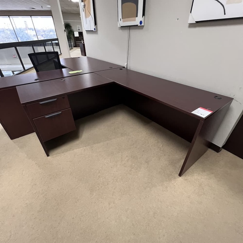71″ x 66″ Mahogany and Black L-Desk with 1 Hanging File – Left Return Office Furniture Liquidations