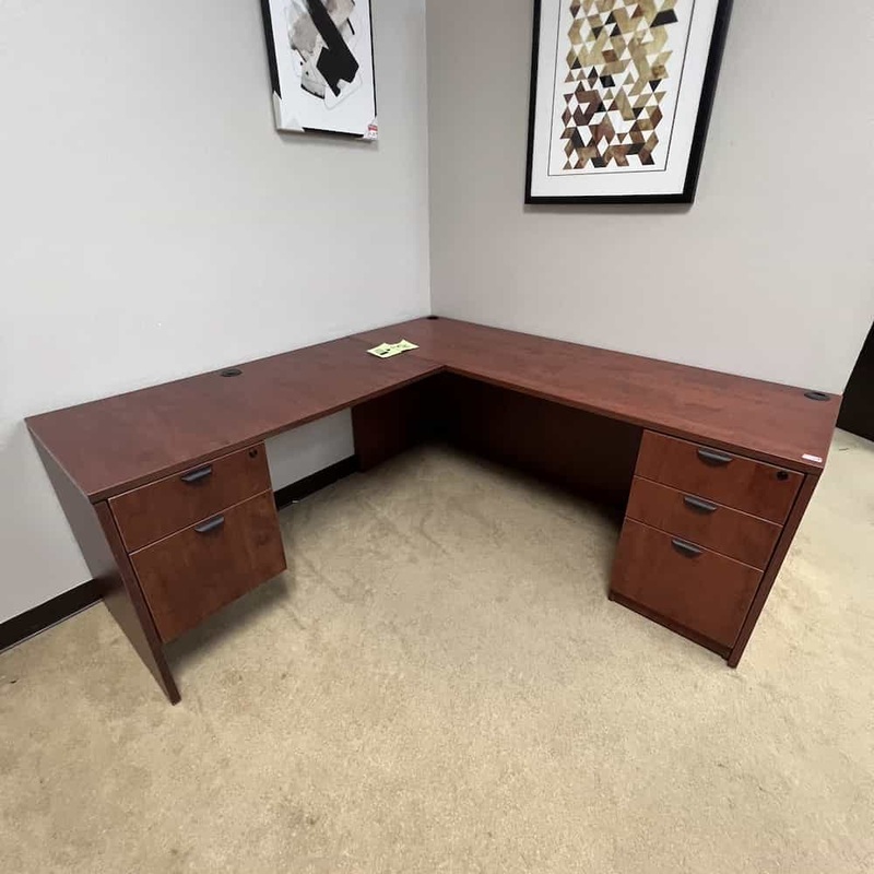 71″ x 71″ Cherry and Black L-Desk – Left Return Office Furniture Liquidations