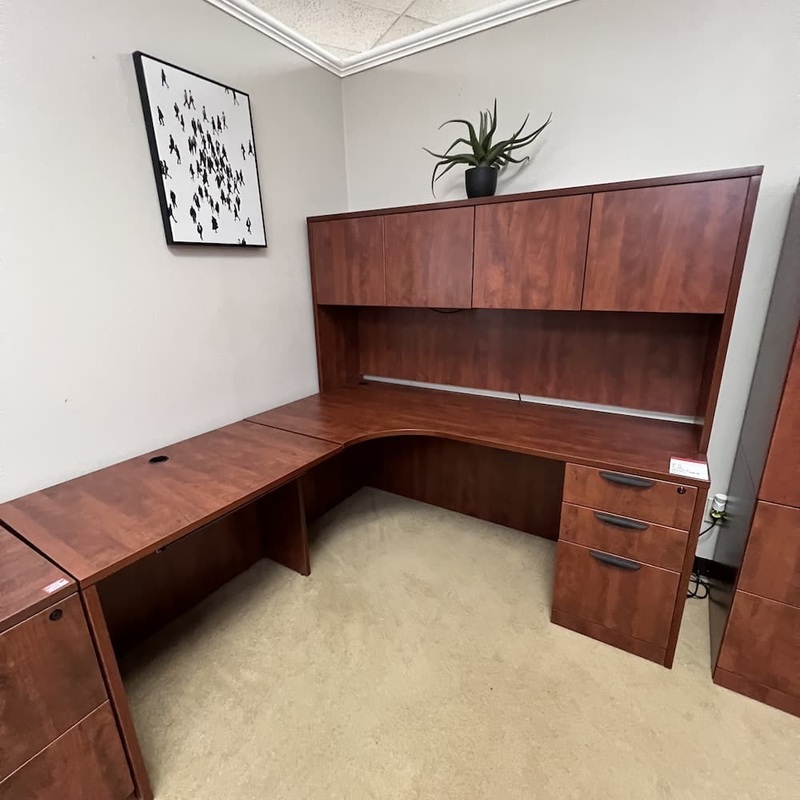 71″ x 72″ Cherry Laminate L-Desk with Single Pedestal and Hutch – Left Return Office Furniture Liquidations