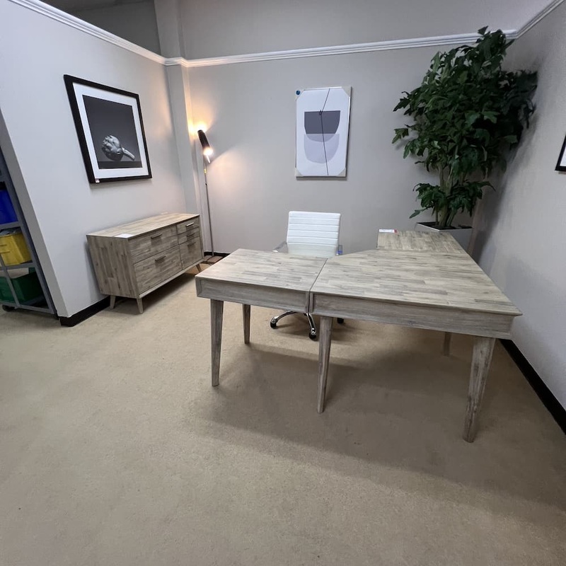 Set – Living Spaces Allen Grey Corner L-Desk & Credenza File Office Furniture Liquidations