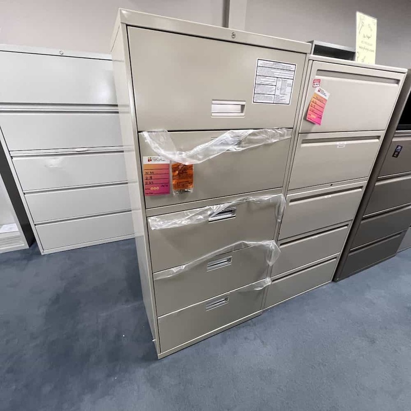 30″ W x 64″ H Light Tan Metal 5 Drawer Lateral File – Top Retractable Drawer Office Furniture Liquidations