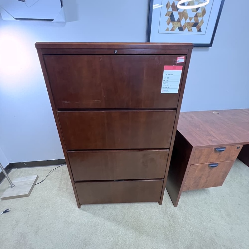 32″ W x 54″ H Timberline Cherry Veneer 4 Drawer Drawer Lateral File Office Furniture Liquidations