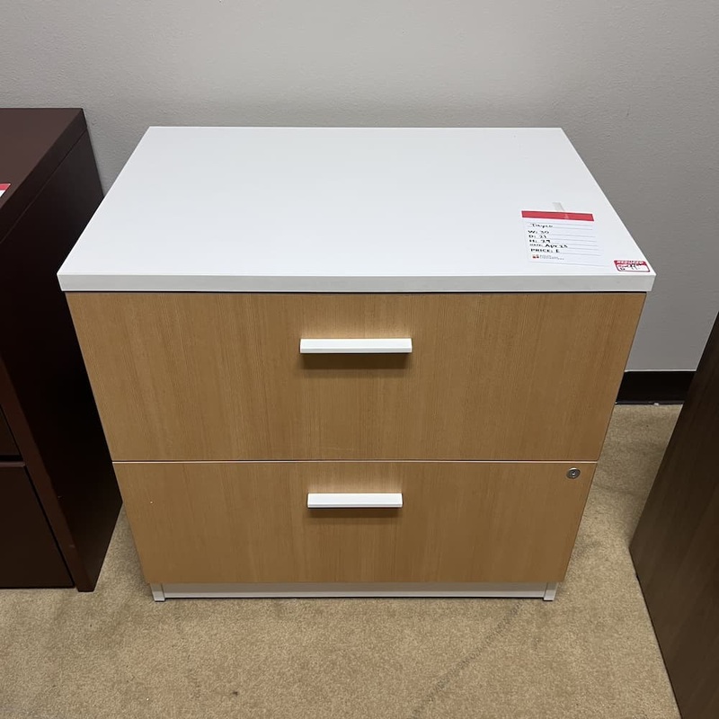36″ W x 28″ H Tayco White and Honey Laminate 2 Drawer Lateral File Office Furniture Liquidations