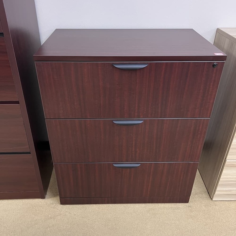 36″ W x 42″ H Mahogany Laminate and Black 3 Drawer Lateral File Office Furniture Liquidations