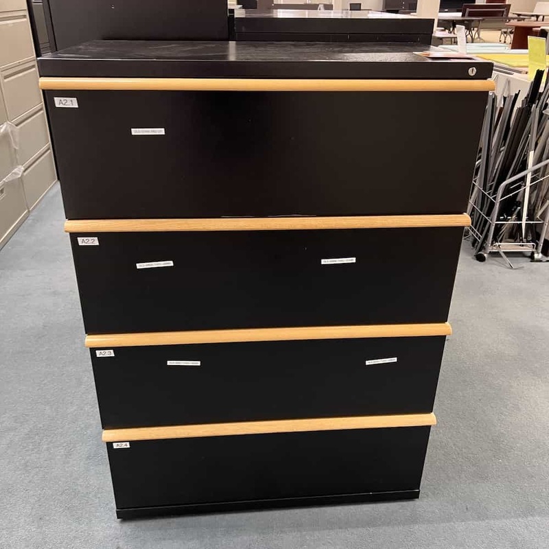 36″ W x 50″ H Meridian Maple and Black Metal 4 Drawer Lateral Filing Cabinet Office Furniture Liquidations