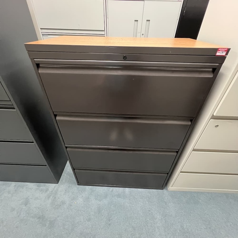 36″ W x 52″ H Knoll Brown and Honey Oak 4 Drawer Lateral File Cabinet – Laminate Top Office Furniture Liquidations