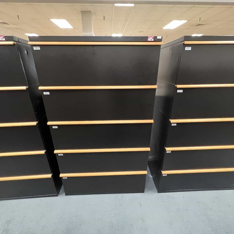 36″ W x 62″ H Meridian Maple and Black Metal 5 Drawer Lateral Filing Cabinet – Legal Only Office Furniture Liquidations