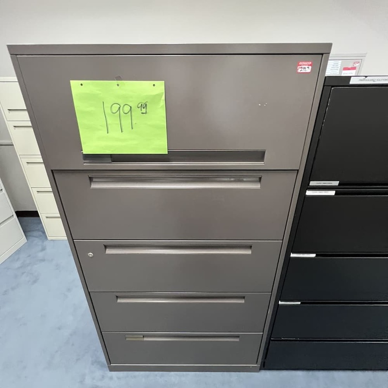 36″ W x 64″ H Steelcase Tan Metal 5 Drawer Lateral File with Roll-Out Drawer Office Furniture Liquidations