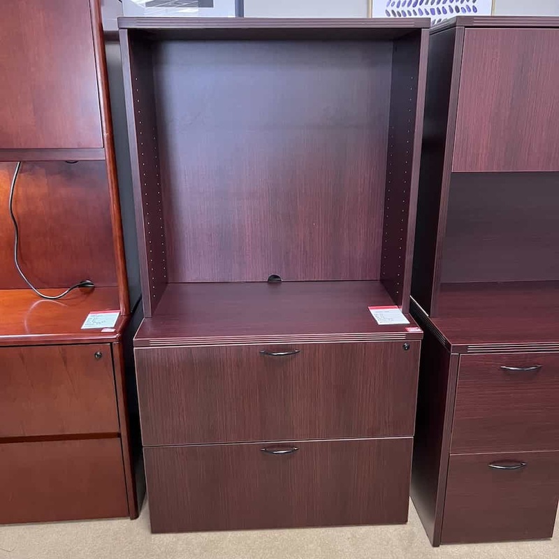 36″ W x 65″ H Office Star Mahogany and Black 2 Drawer Lateral File with Hutch Office Furniture Liquidations