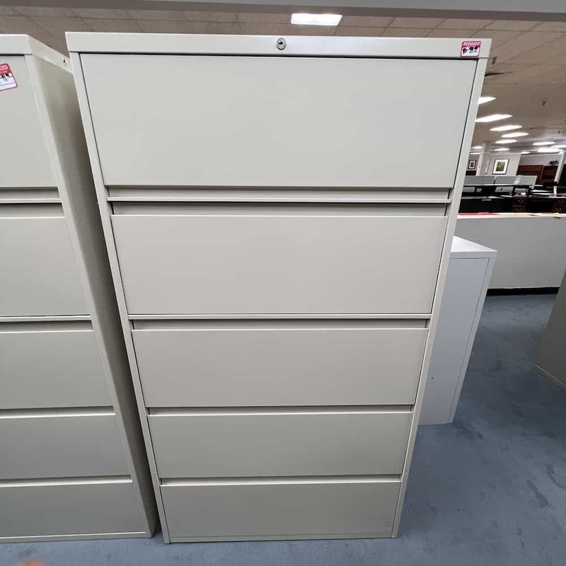 36″ W x 65″ H Steelcase Beige Metal 5 Drawer Lateral File Cabinet – Legal Size Only Office Furniture Liquidations