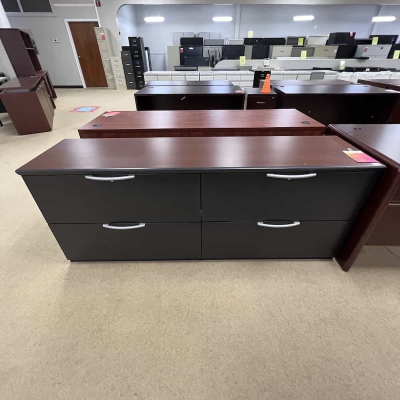 71″ Haworth Mahogany and Black Credenza 4 Drawer Lateral File Cabinet Office Furniture Liquidations