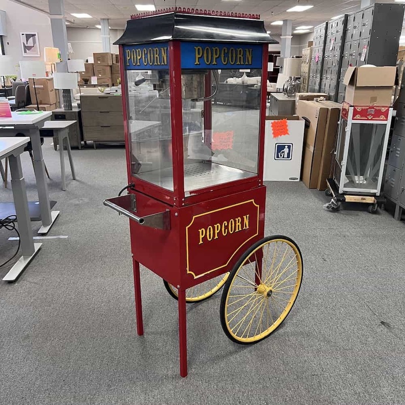 Red and Yellow Popcorn Machine on Rolling Stand Office Furniture Liquidations