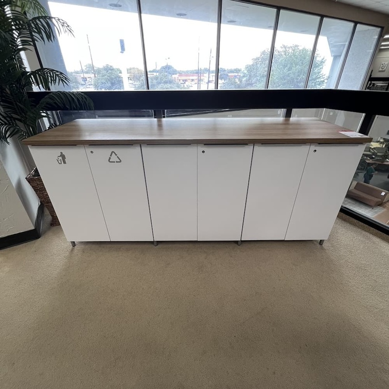 78″ W x 25″ H Knoll White and Wood 4 Door Storage Cabinet with Trash and Recycle Office Furniture Liquidations