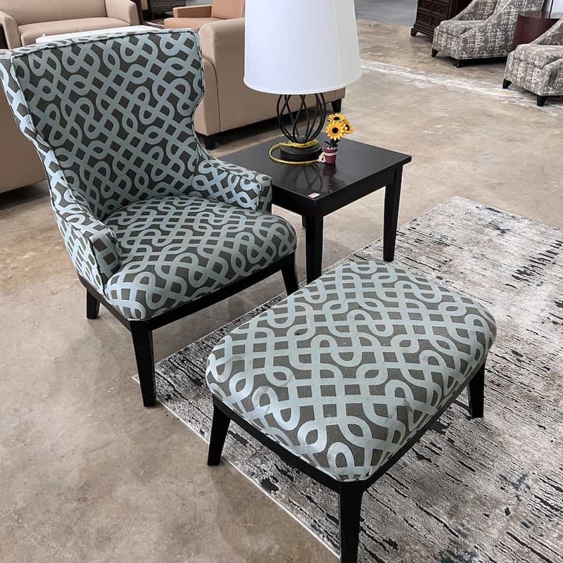 Baby Blue and Taupe Contemporary Geometric Wingback Arm Chair with Ottoman Office Furniture Liquidations