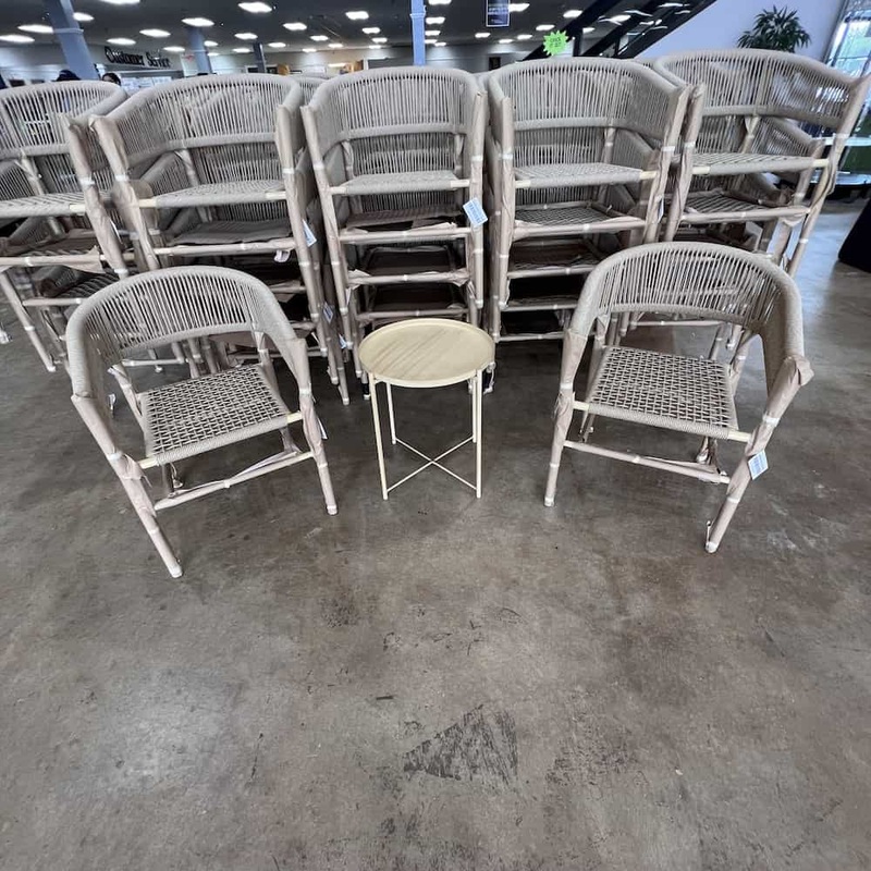 NEW – SET – 2 Francisco Segarra Tan Outdoor Rattan Patio Chairs and 1 Metal Side Table Office Furniture Liquidations