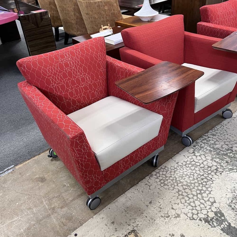 Red and Light Grey Swivel Table Arm Chair on Wheels Office Furniture Liquidations